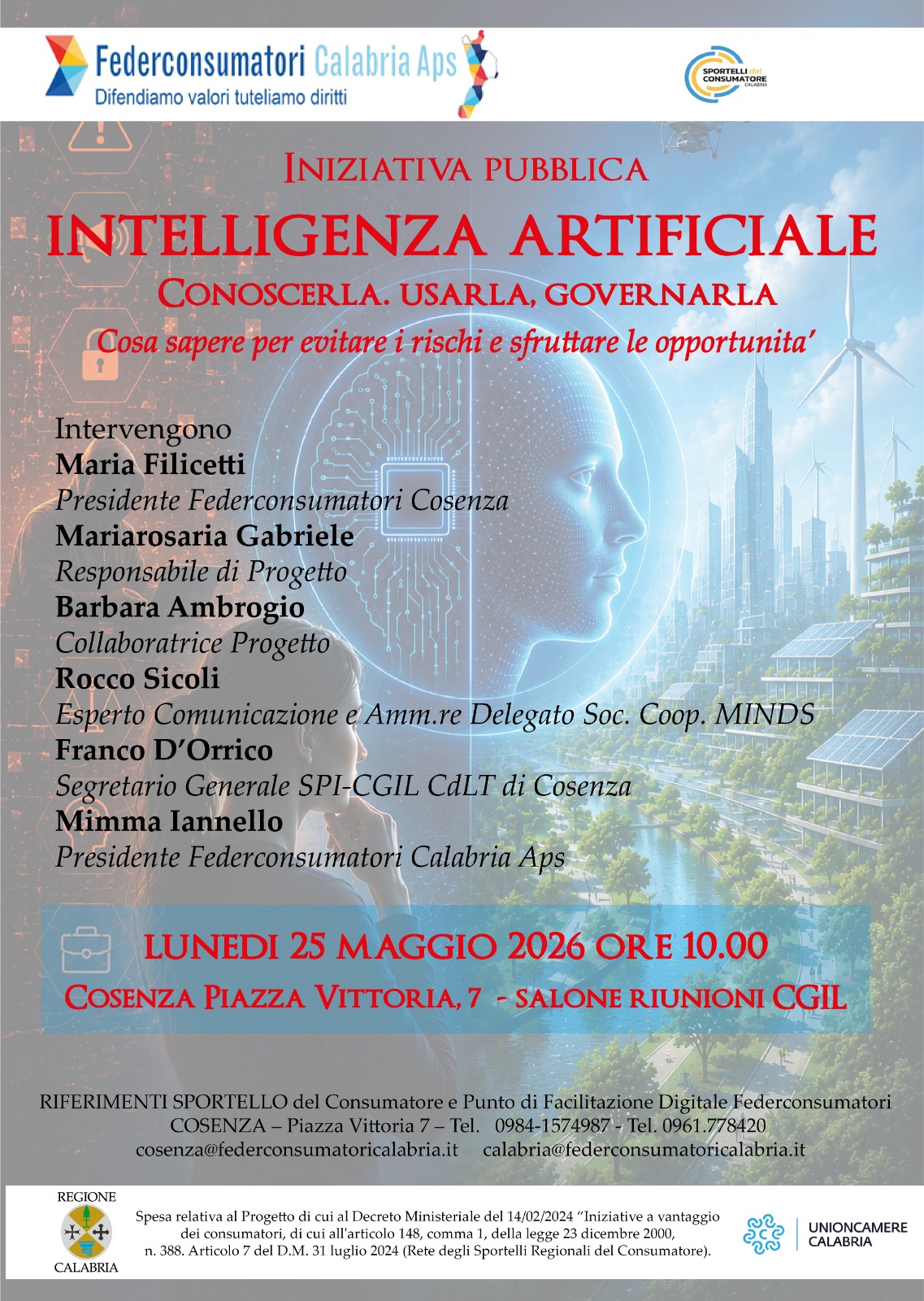 SPORTELLI FEDERCONSUMATORI: EVENTO PUBBLICO SU INTELLIGENZA ARTIFICIALE